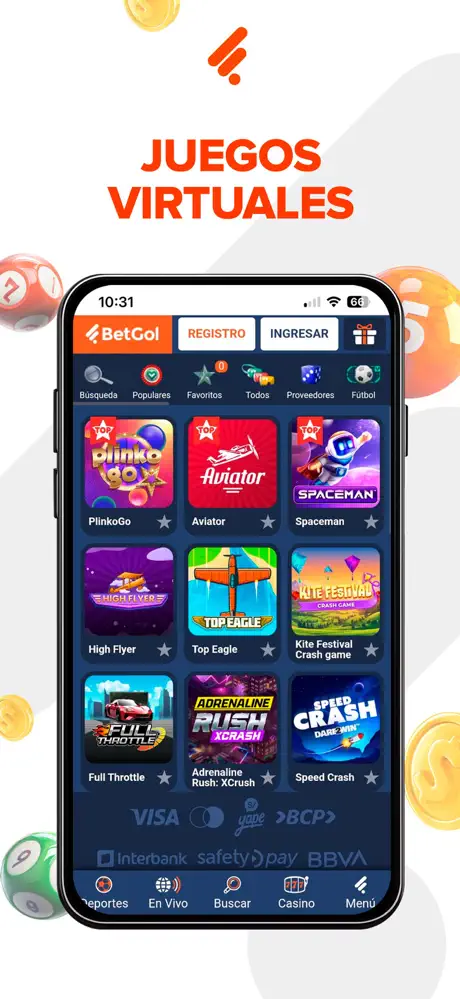 Pantalla de selección de tragamonedas en app móvil de BetGol